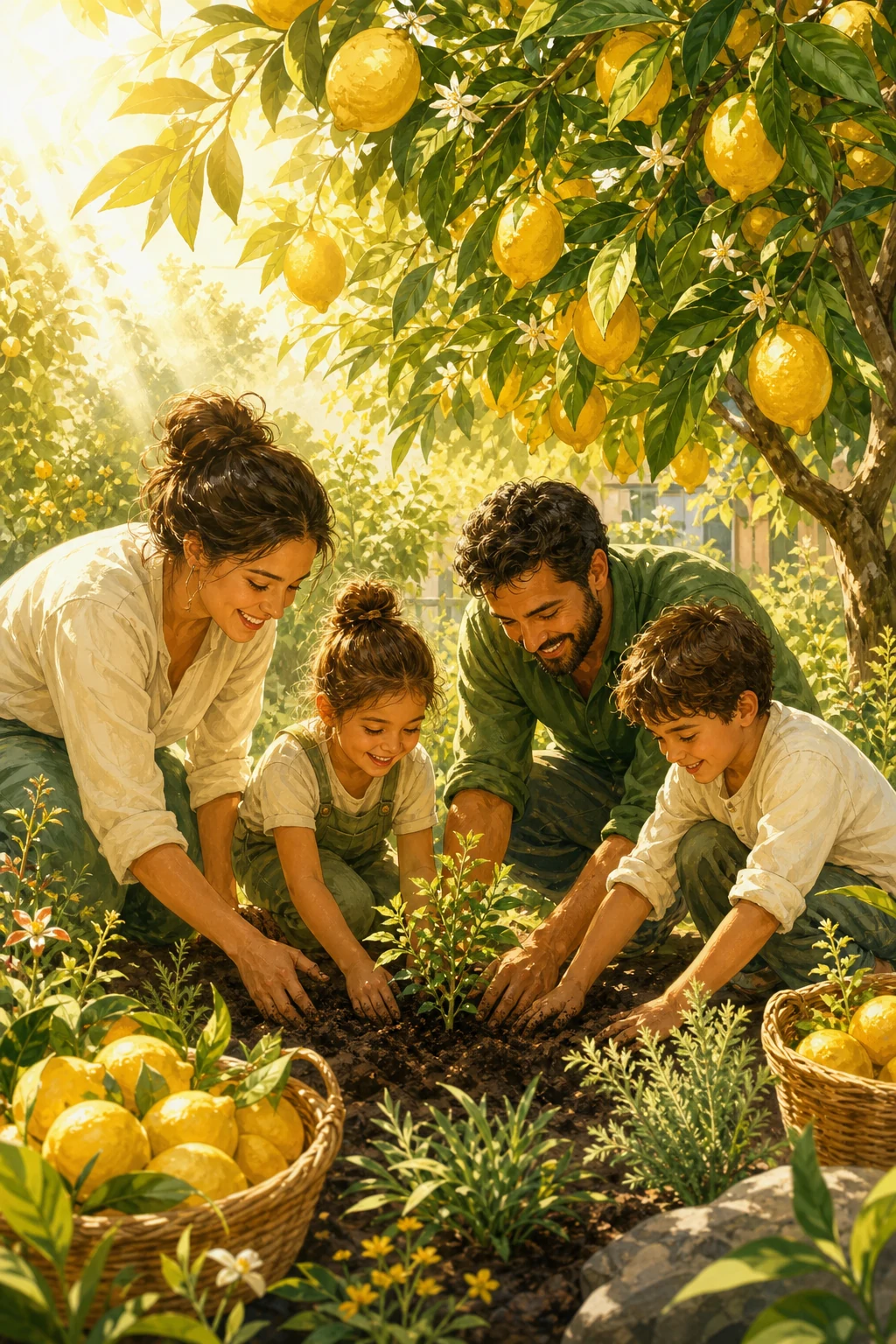 Family planting native seedlings beneath a Meyer lemon tree